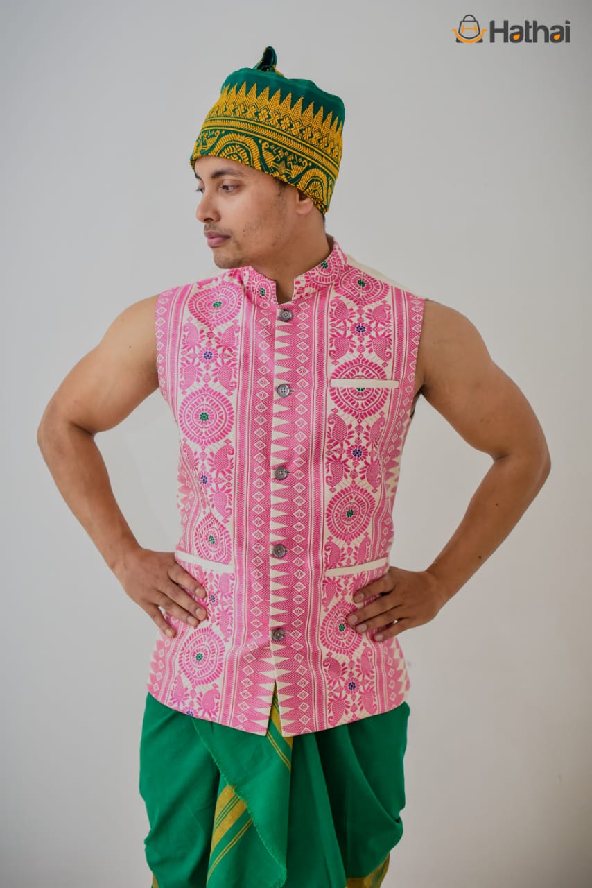 Drape Style Dhoti-Veshti Pure Cotton Set With Stripe Combination Pattern  Woven Border | Exotic India Art